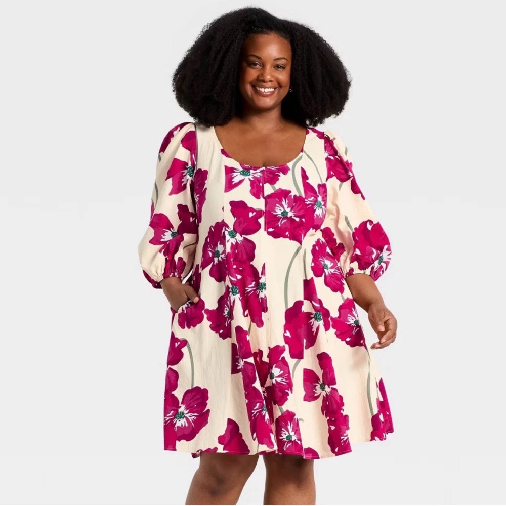 Ava & Viv NWT Cream and Pink Floral A-Line Midi Dress Size 2X